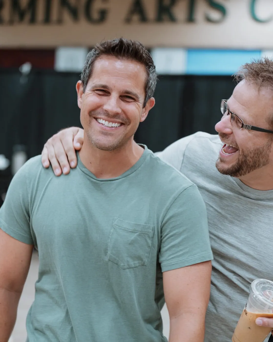 Two friends laughing together in a Nuvo Group, a church small group in Dublin and Columbus, Ohio