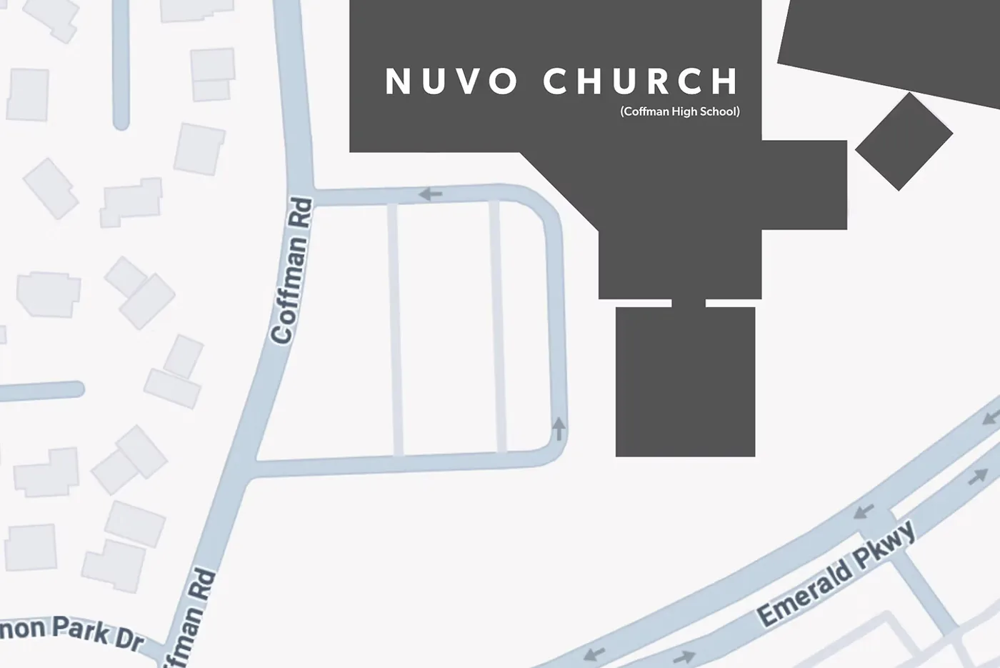 Map showing Nuvo Church at Dublin Coffman High School on Coffman Road in Dublin, Ohio