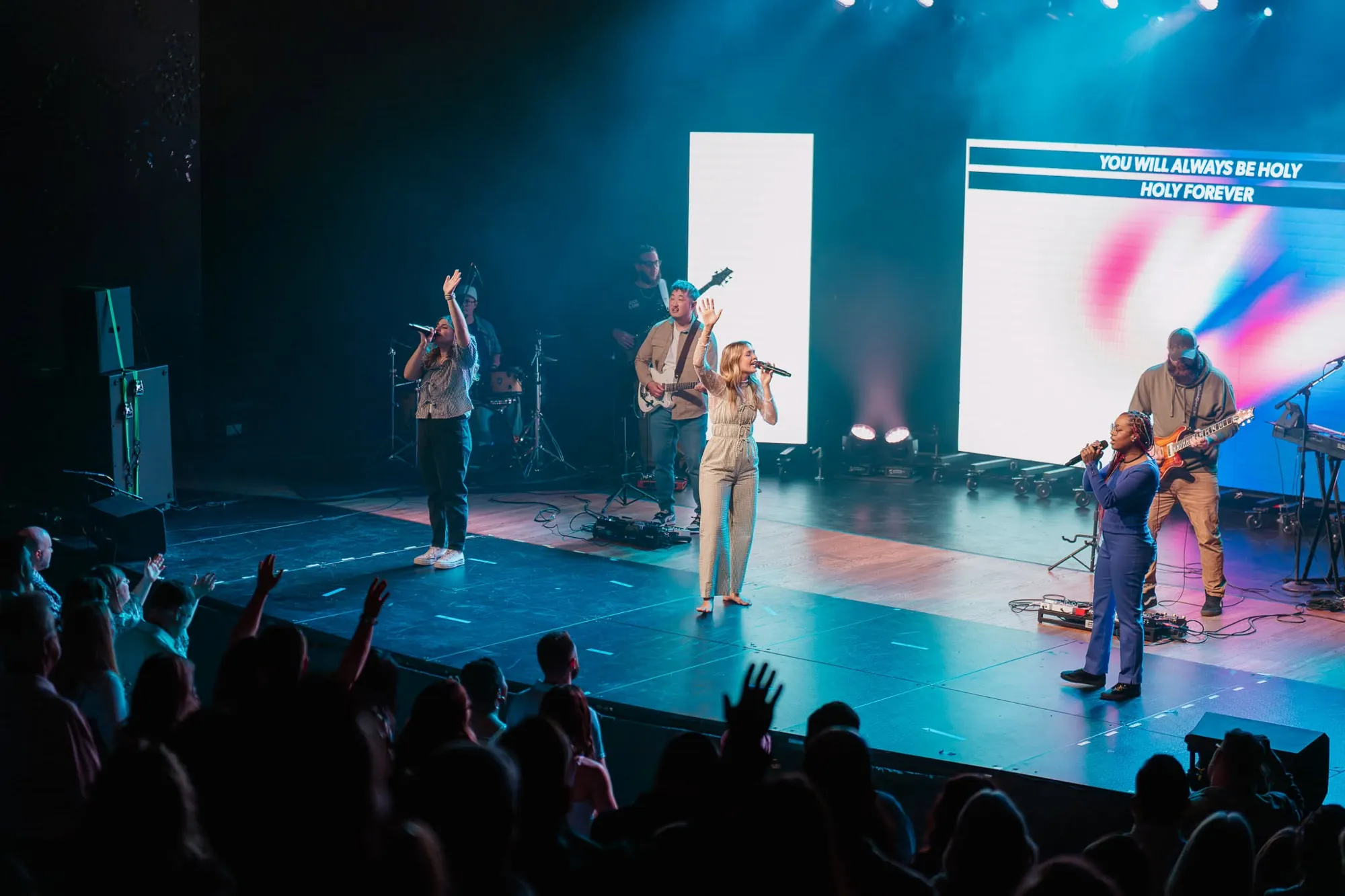 Worship band leading a Sunday service at Nuvo Church in Dublin, Ohio